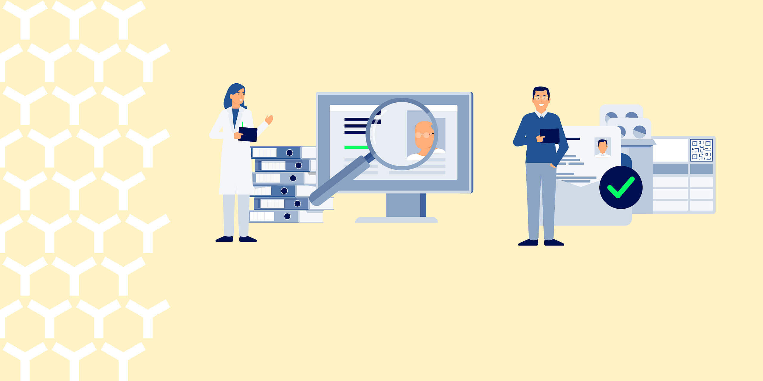 Das Bild zeigt ein digitales Gesundheitsdatensystem mit einem Arzt, der die Patientenakten auf einem Computerbildschirm überprüft. Eine andere Person steht neben Ausweisdokumenten und Krankenakten mit einem grünen Häkchen, das eine erfolgreiche Überprüfung oder Genehmigung signalisiert.