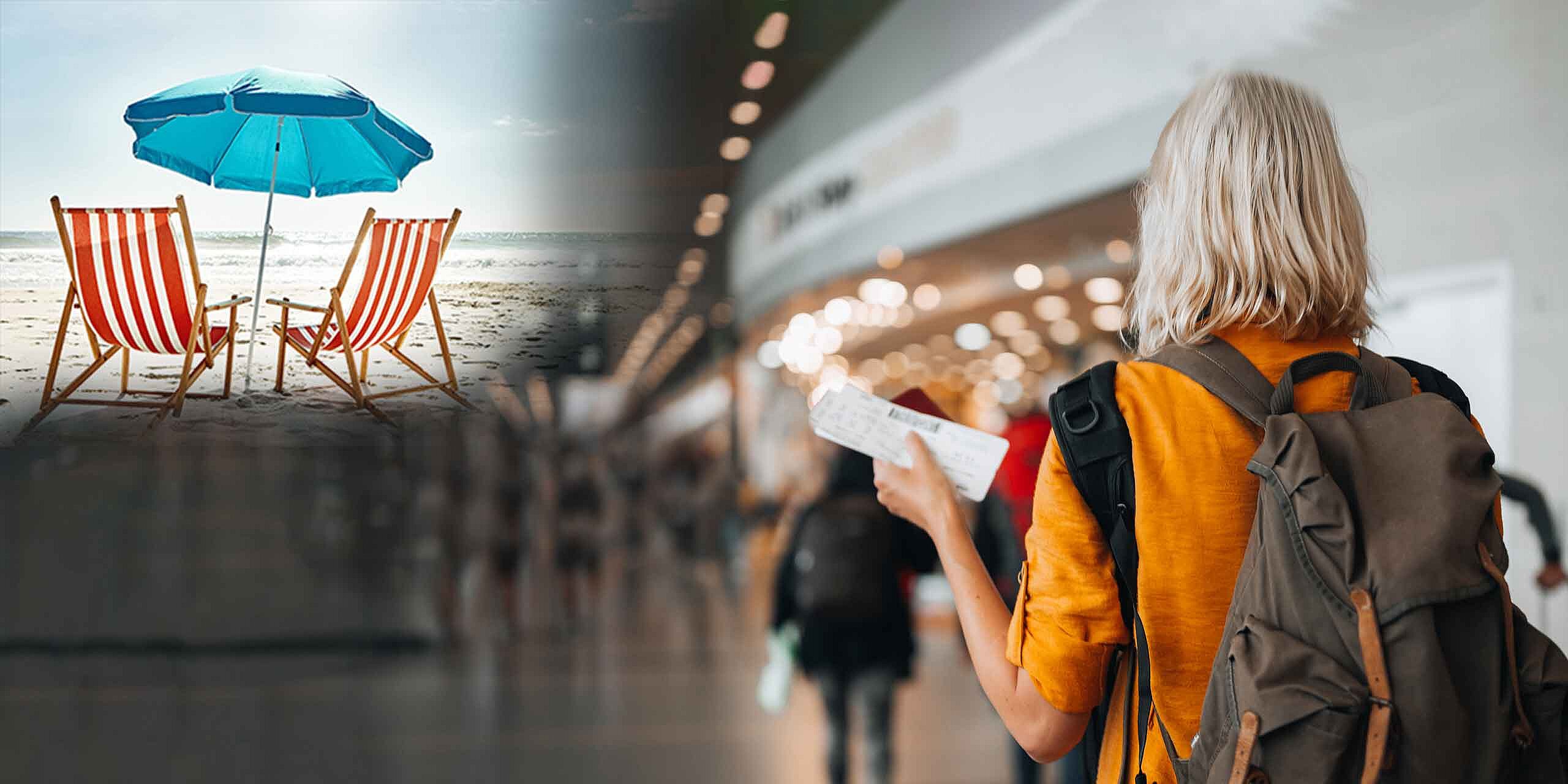 Frau mit Rucksack auf einem Flughafen mit Papieren in der Hand